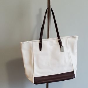 White and Brown Leather Coach Tote
